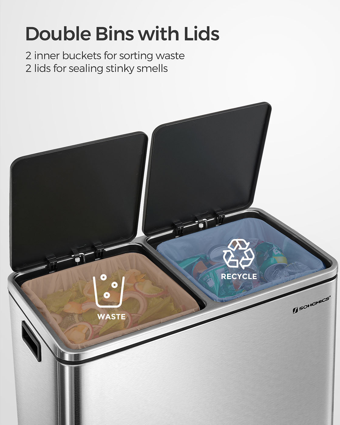 Double Rubbish Bin - Stainless Steel - Fingerprint Proof