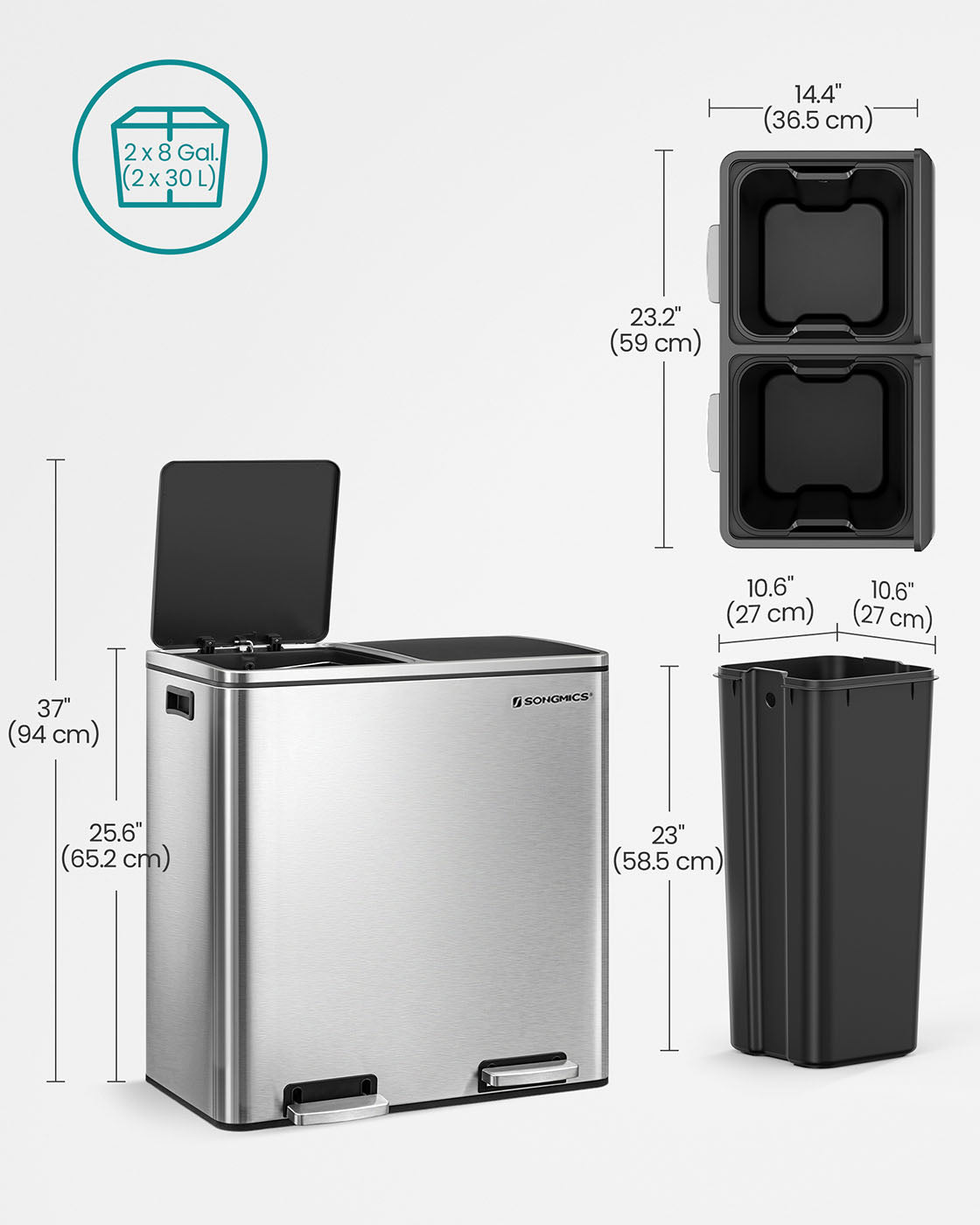 Double Rubbish Bin - Stainless Steel - Fingerprint Proof