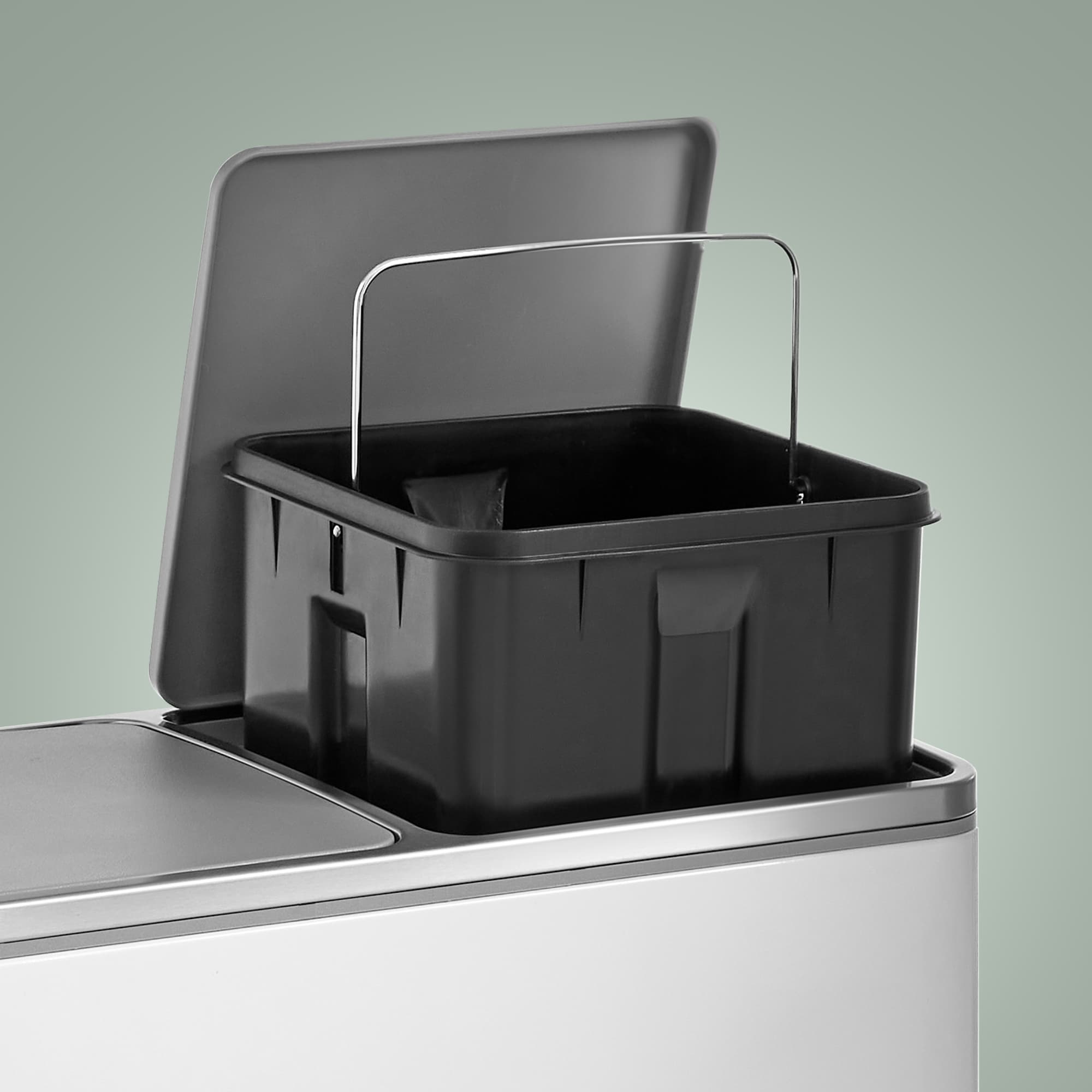 60L Dual Compartment Pedal Rubbish Bin - Plastic - White and Grey - Soft-Close with Inner Buckets