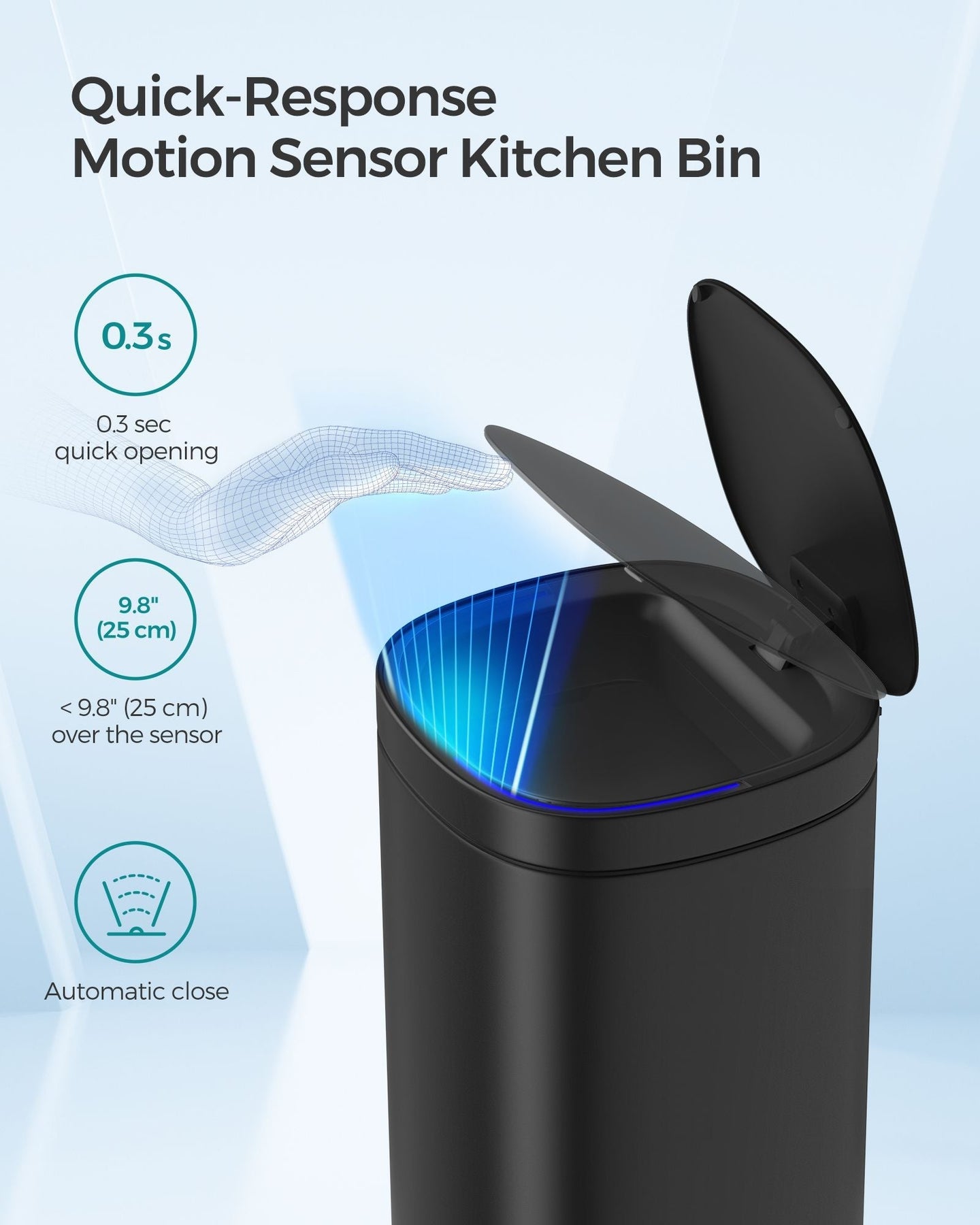 Automatic Rubbish Bin - Steel - Ink Black - Motion Sensor with Ozone Odour Control and Stay-Open Lid