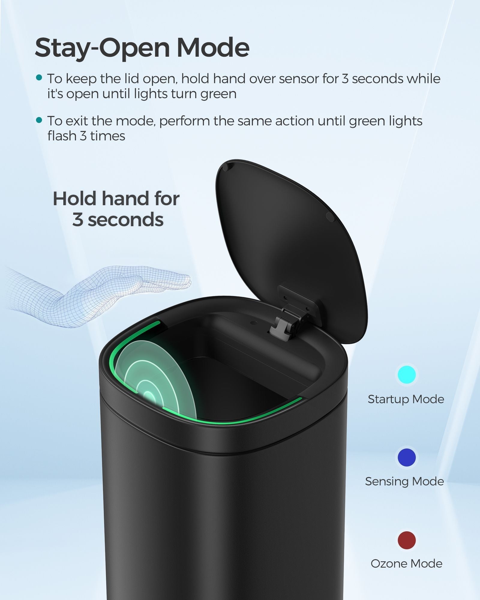 Automatic Rubbish Bin - Steel - Ink Black - Motion Sensor with Ozone Odour Control and Stay-Open Lid