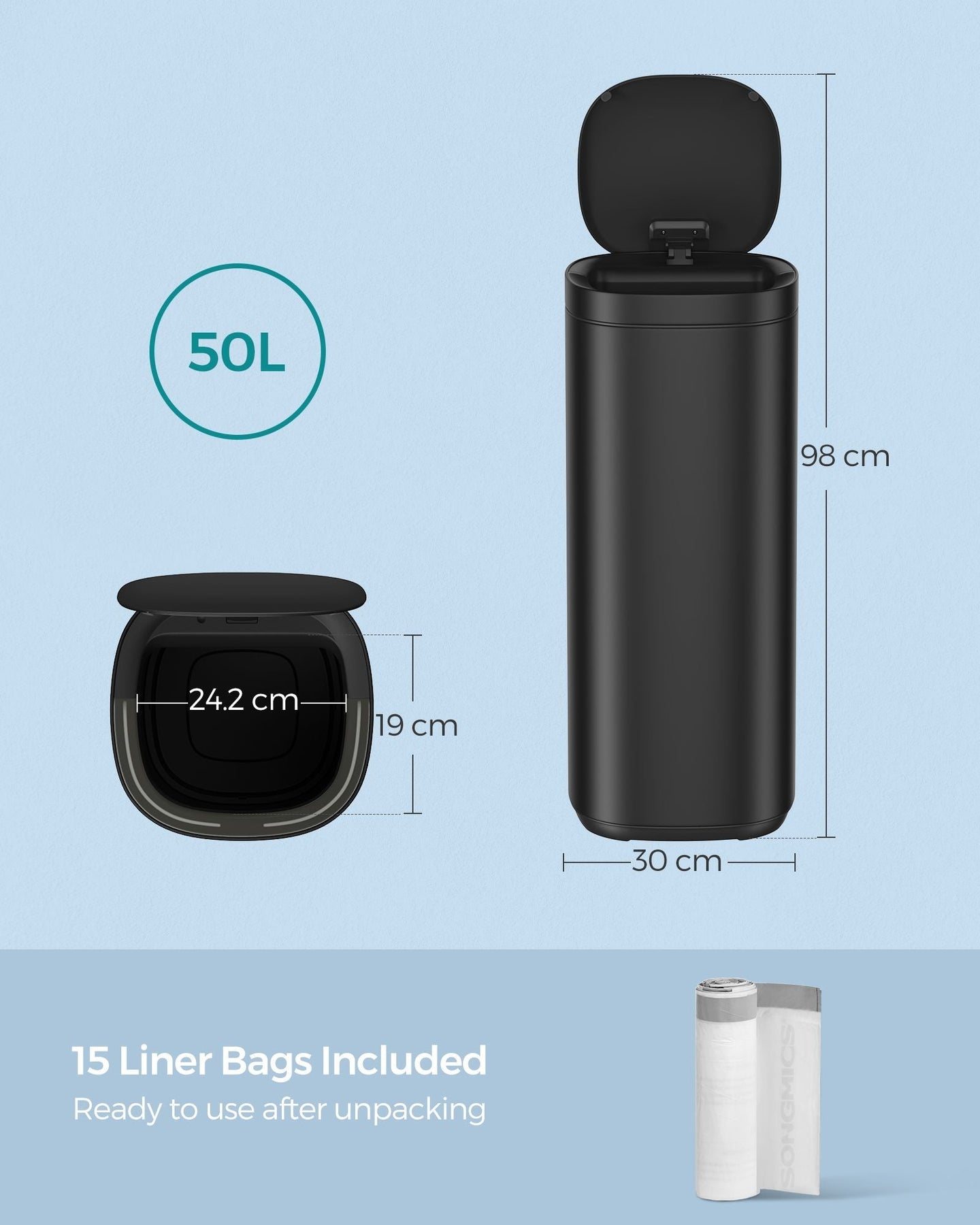 Automatic Rubbish Bin - Steel - Ink Black - Motion Sensor with Ozone Odour Control and Stay-Open Lid
