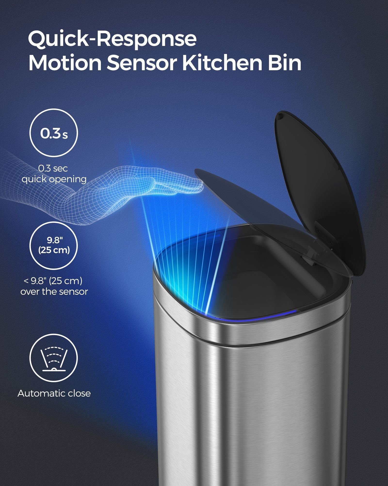 Automatic Rubbish Bin - Stainless Steel - Silver - Motion Sensor with Ozone Odour Control
