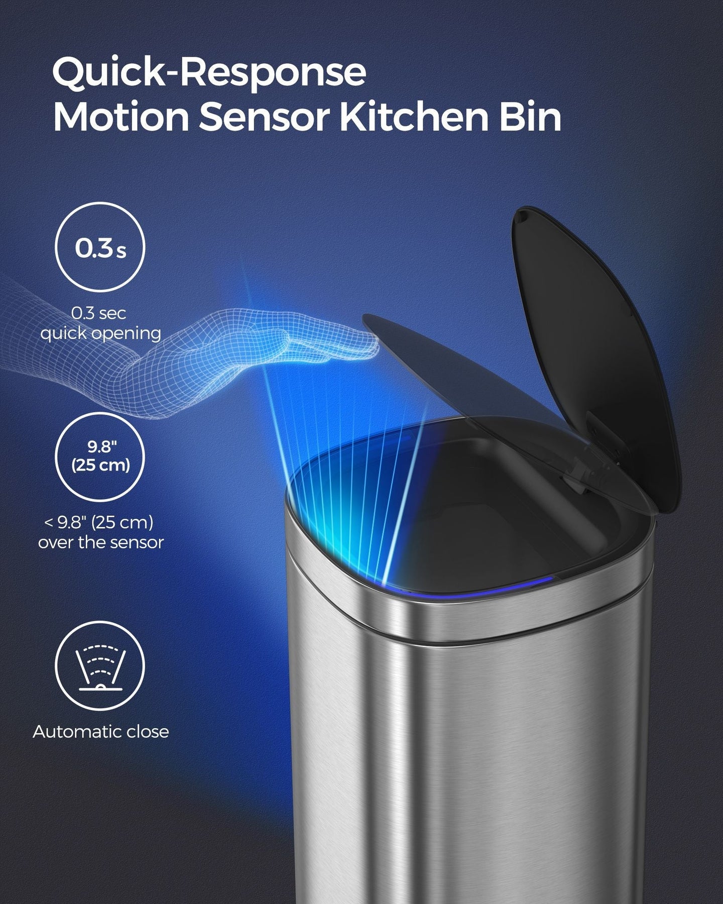 Automatic Rubbish Bin - Stainless Steel - Silver - Motion Sensor with Ozone Odour Control