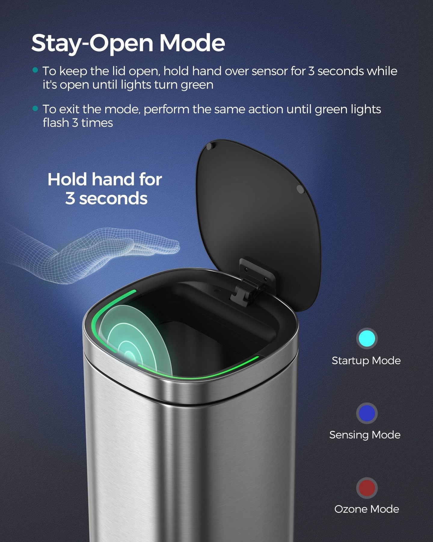 Automatic Rubbish Bin - Stainless Steel - Silver - Motion Sensor with Ozone Odour Control