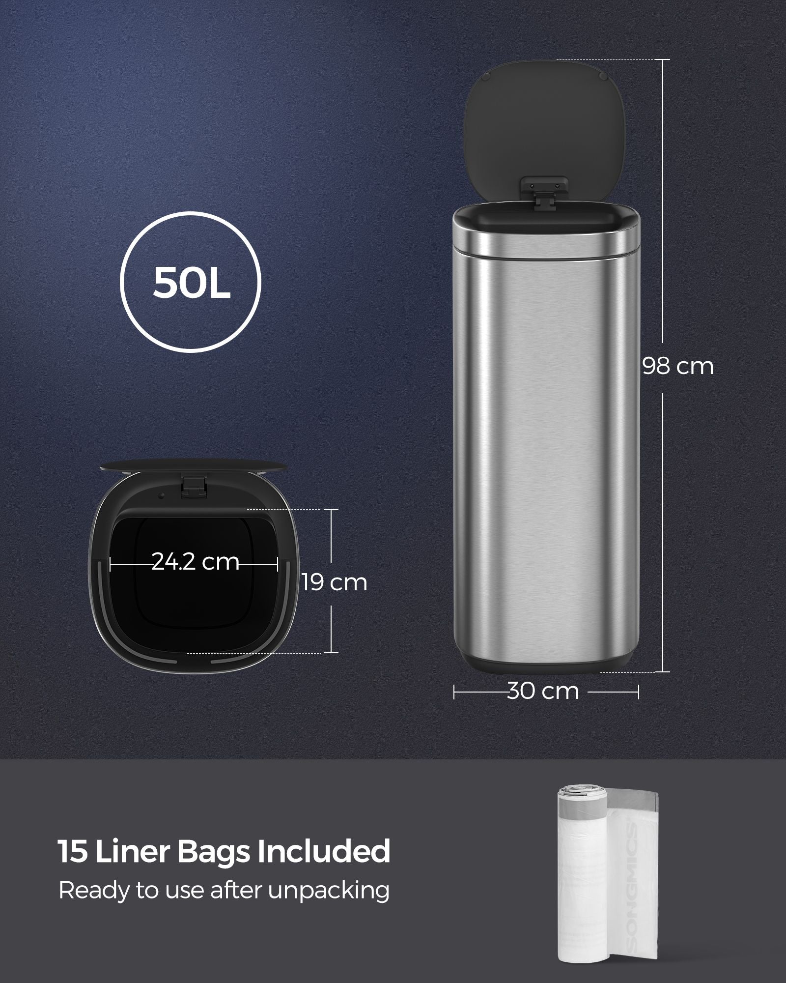 Automatic Rubbish Bin - Stainless Steel - Silver - Motion Sensor with Ozone Odour Control