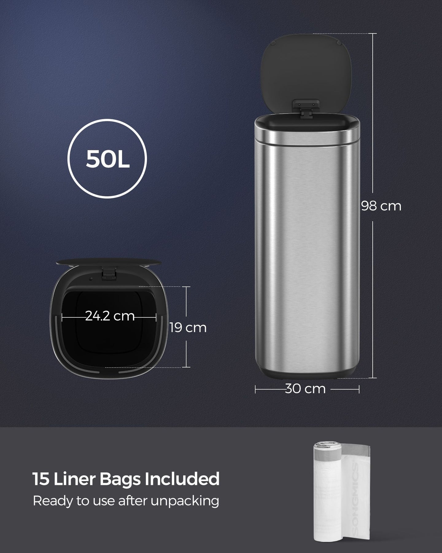 Automatic Rubbish Bin - Stainless Steel - Silver - Motion Sensor with Ozone Odour Control