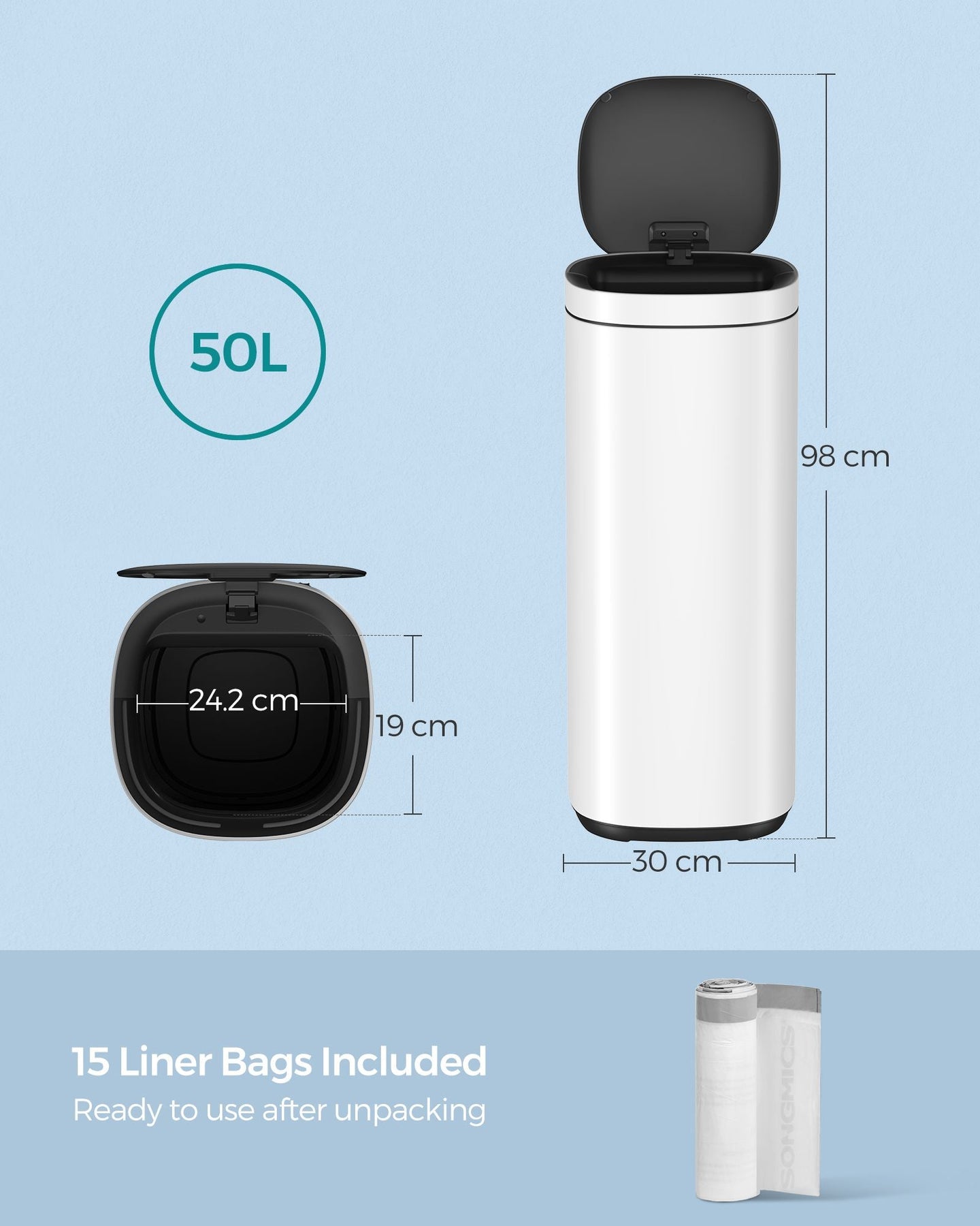 Automatic Rubbish Bin - Steel - Cloud White - Motion Sensor with Ozone Odour Control and Stay-Open Lid