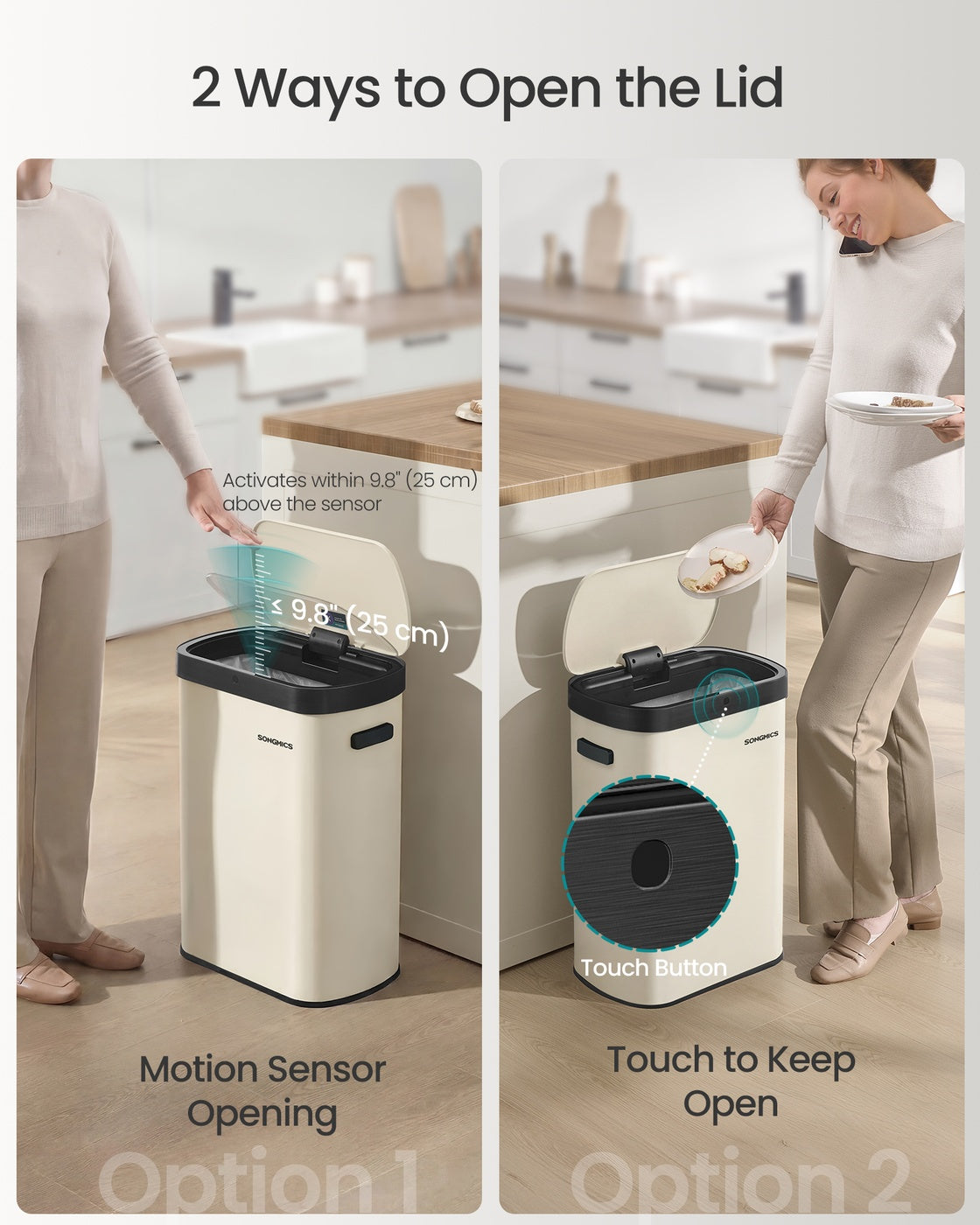 13-Gallon ( ) Steel Motion Sensor Kitchen Bin - Steel and Plastic - Cream