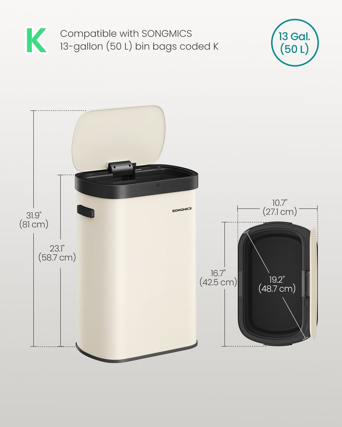 13-Gallon ( ) Steel Motion Sensor Kitchen Bin - Steel and Plastic - Cream