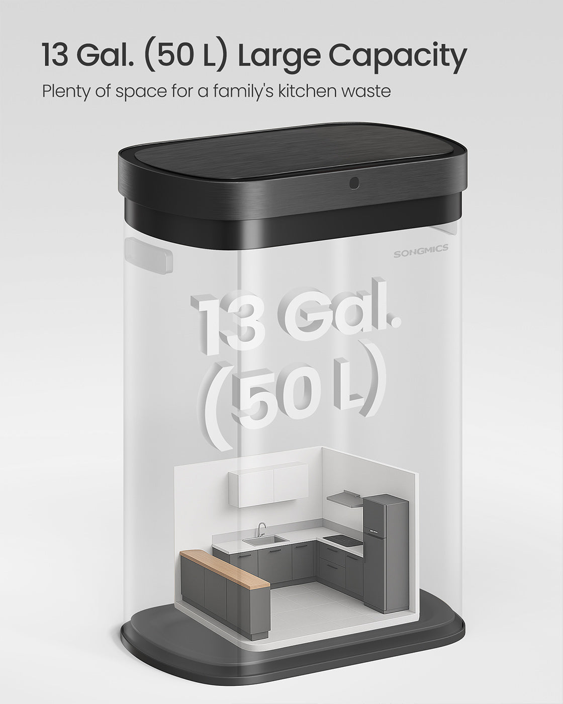 Motion Sensor Kitchen Bin - Steel - Ink Black - 13-Gallon Capacity with Automatic Opening and Soft Close Lid