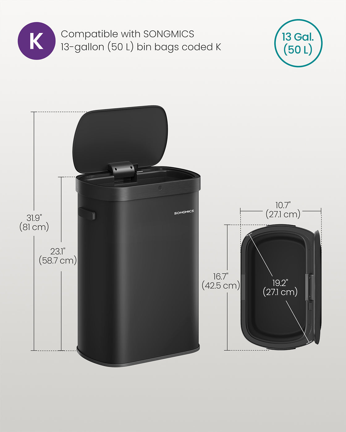 Motion Sensor Kitchen Bin - Steel - Ink Black - 13-Gallon Capacity with Automatic Opening and Soft Close Lid