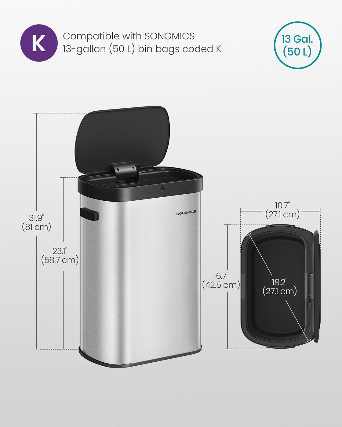 Motion Sensor Kitchen Bin - Steel - Ink Black - 13-Gallon Capacity with Automatic Opening and Soft Close Lid