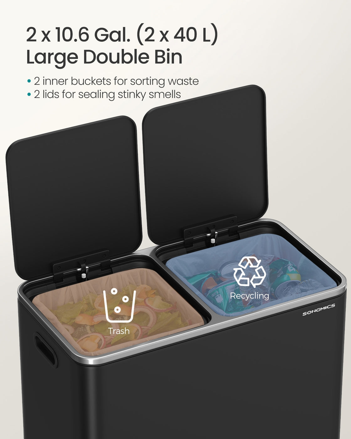 Dual Recycling Bin - Metal - Black - 2-Compartment with Soft Closure and Pedals