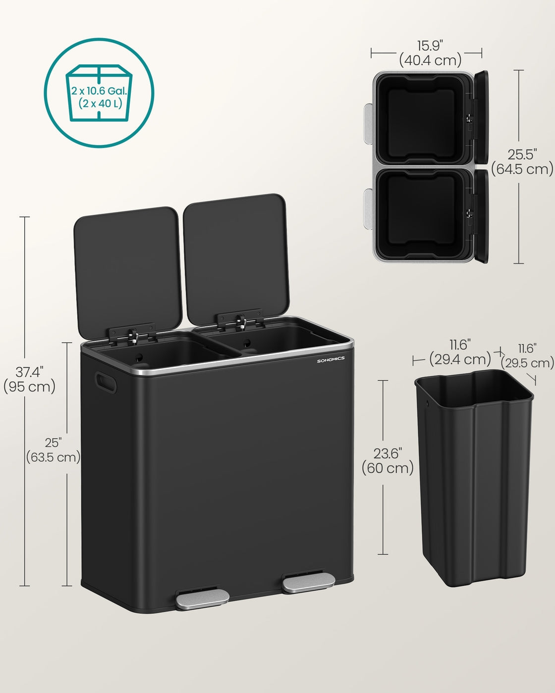 Dual Recycling Bin - Metal - Black - 2-Compartment with Soft Closure and Pedals