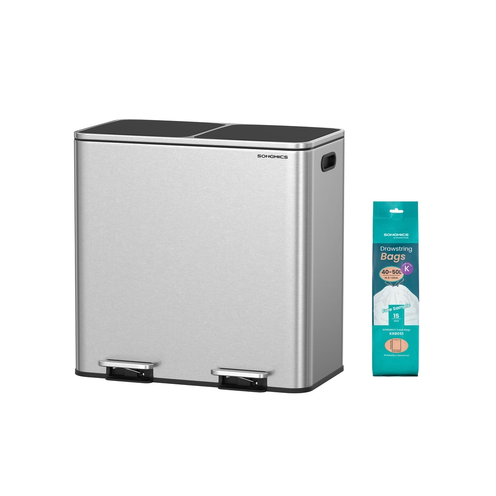 Dual Compartment Recycling Bin - Metal - Black - Pedal-Activated with Soft Close Lids