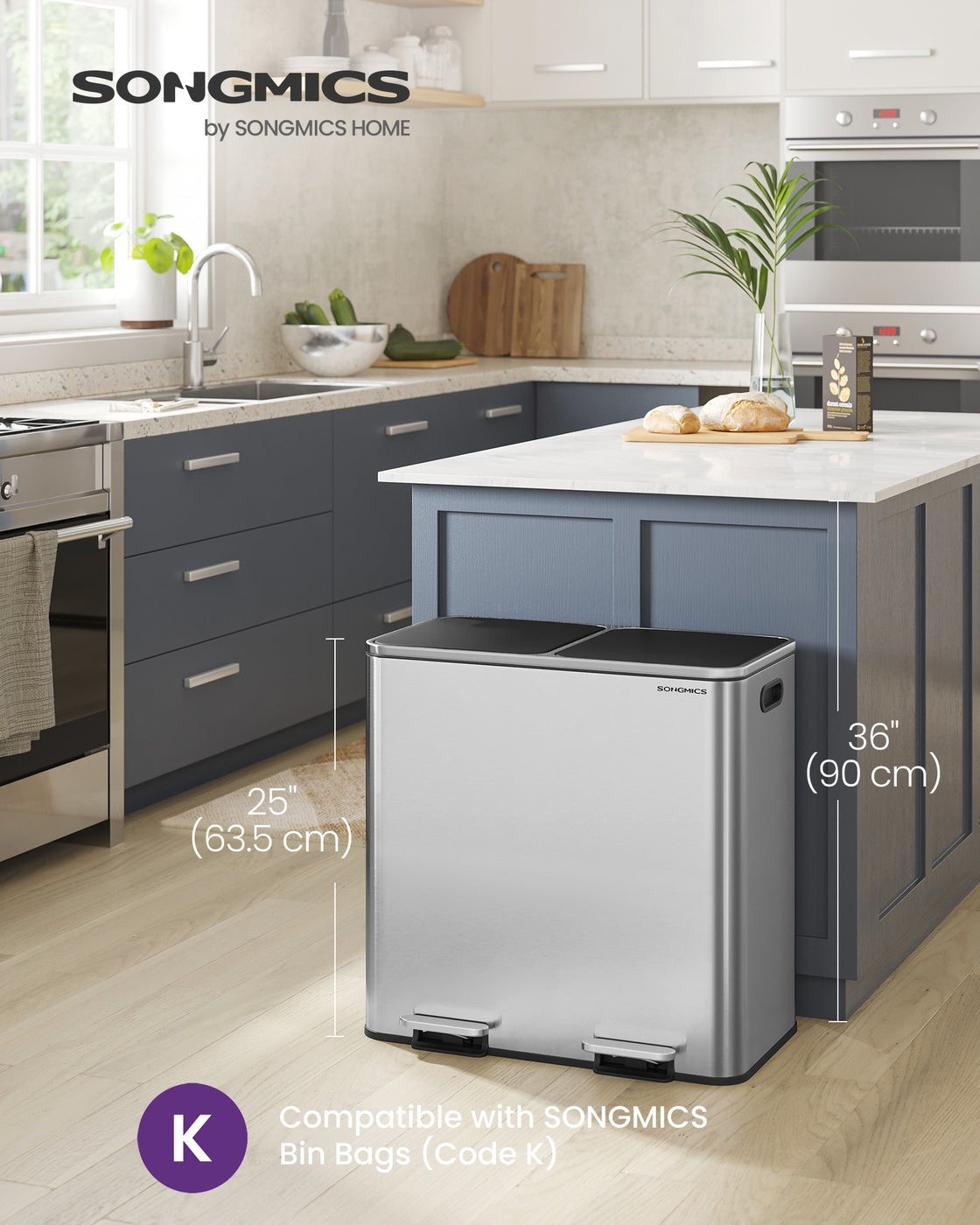 Dual Compartment Recycling Bin - Metal - Black - Pedal-Activated with Soft Close Lids