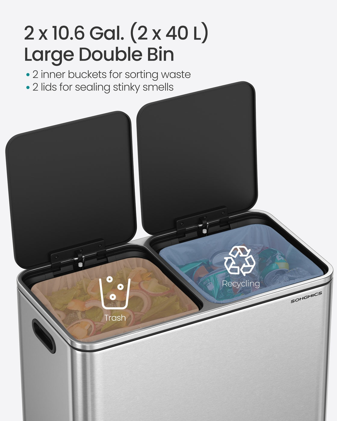 Dual Compartment Recycling Bin - Metal - Black - Pedal-Activated with Soft Close Lids
