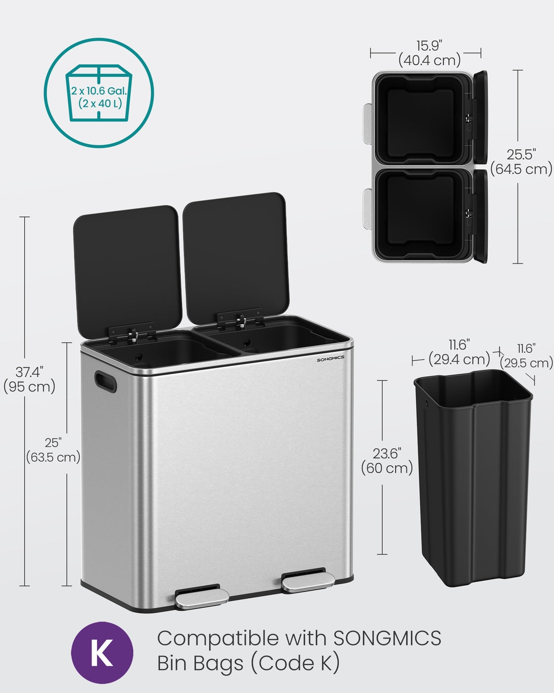 Dual Compartment Recycling Bin - Metal - Black - Pedal-Activated with Soft Close Lids