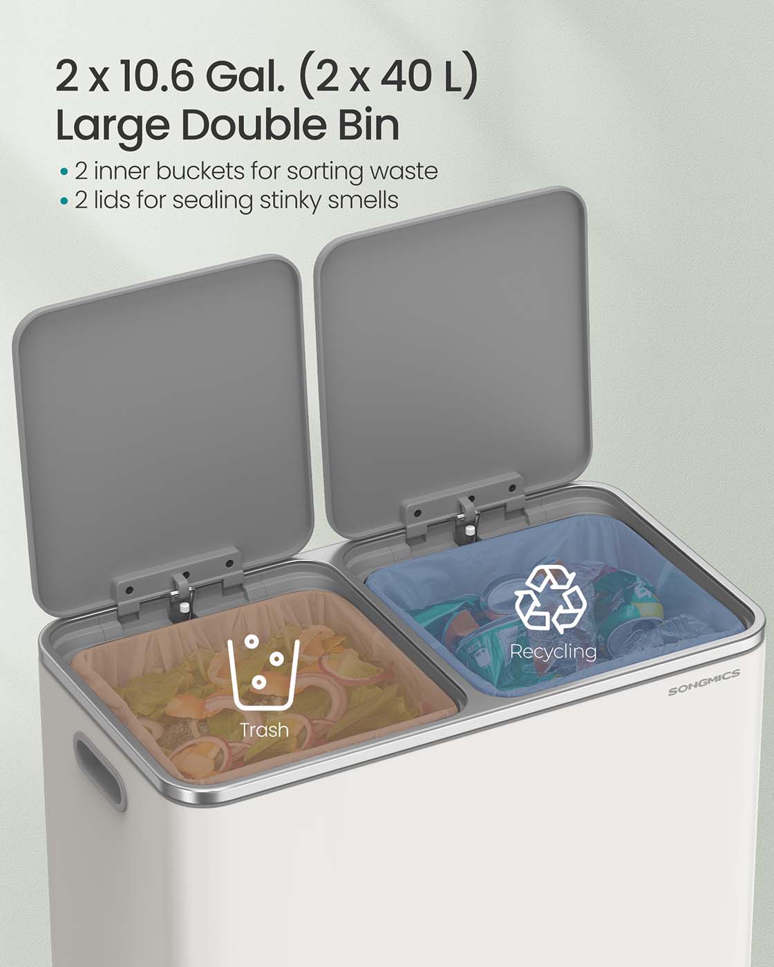 Dual Compartment Recycling Bin - Metal - Black - Pedal-Activated with Soft Close Lids