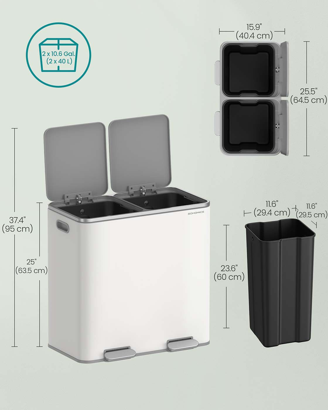 Dual Compartment Recycling Bin - Metal - Black - Pedal-Activated with Soft Close Lids