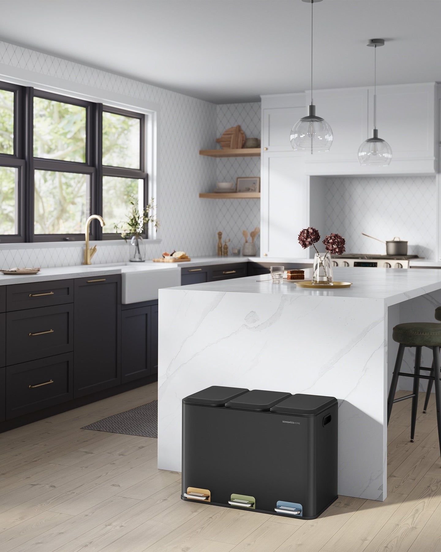 Triple Kitchen Bin - Steel - Ink Black - Colour-Coded Pedals for Waste Separation