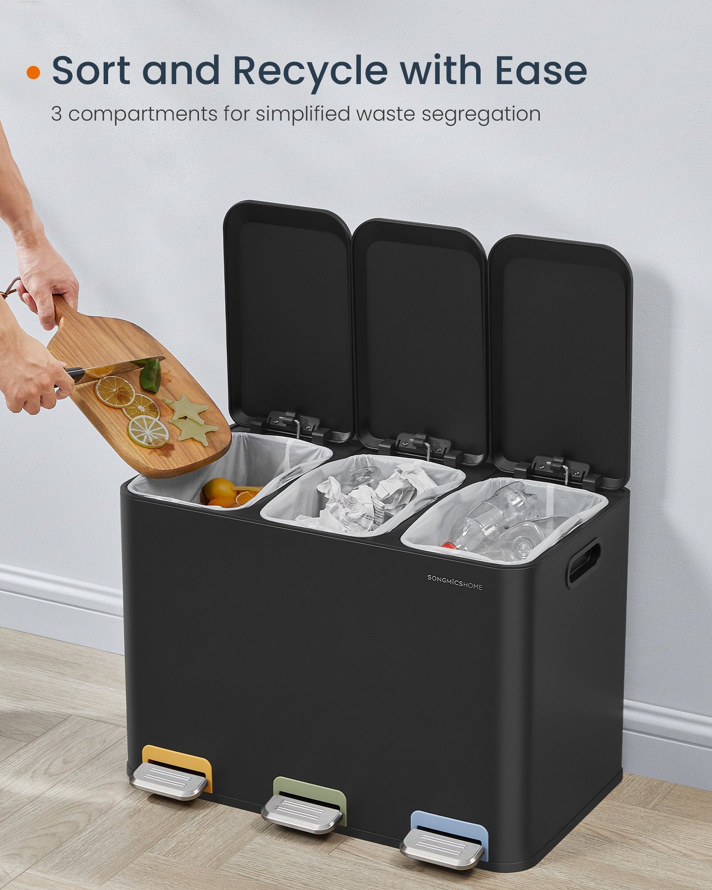 Triple Kitchen Bin - Steel - Ink Black - Colour-Coded Pedals for Waste Separation