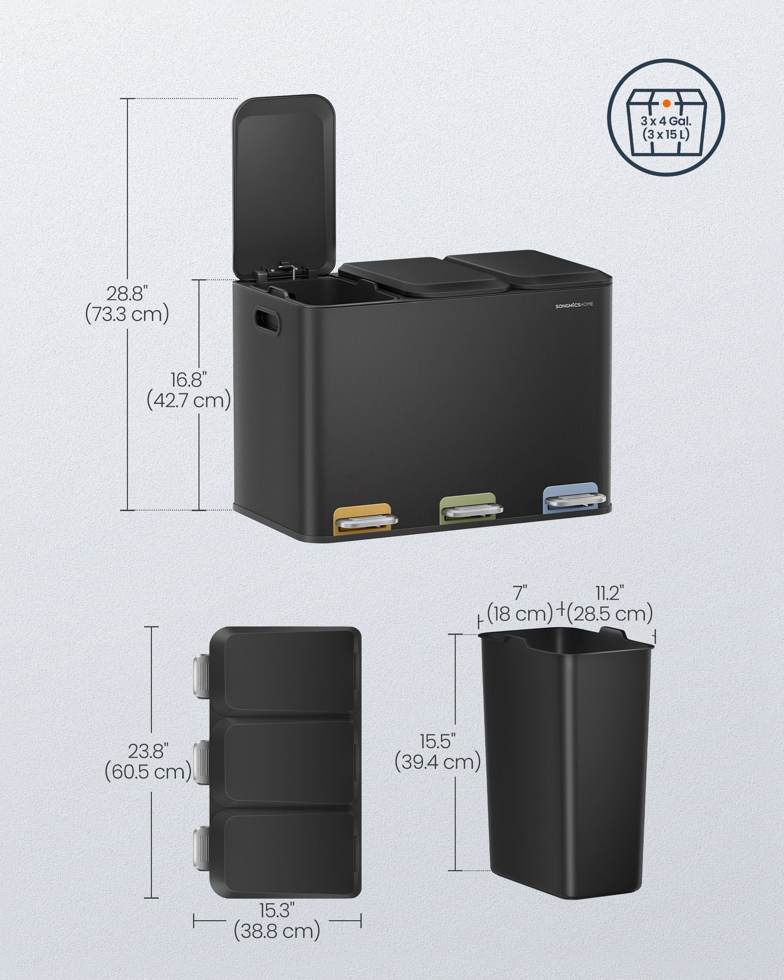 Triple Kitchen Bin - Steel - Ink Black - Colour-Coded Pedals for Waste Separation