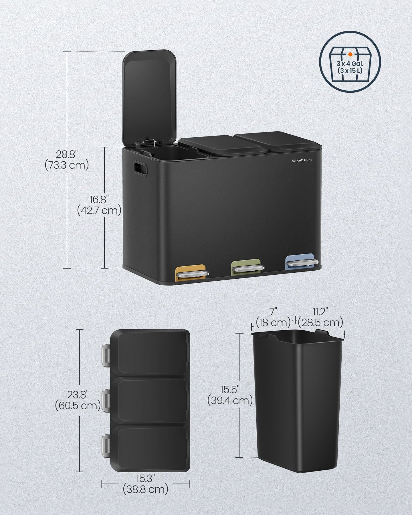 Triple Kitchen Bin - Steel - Ink Black - Colour-Coded Pedals for Waste Separation