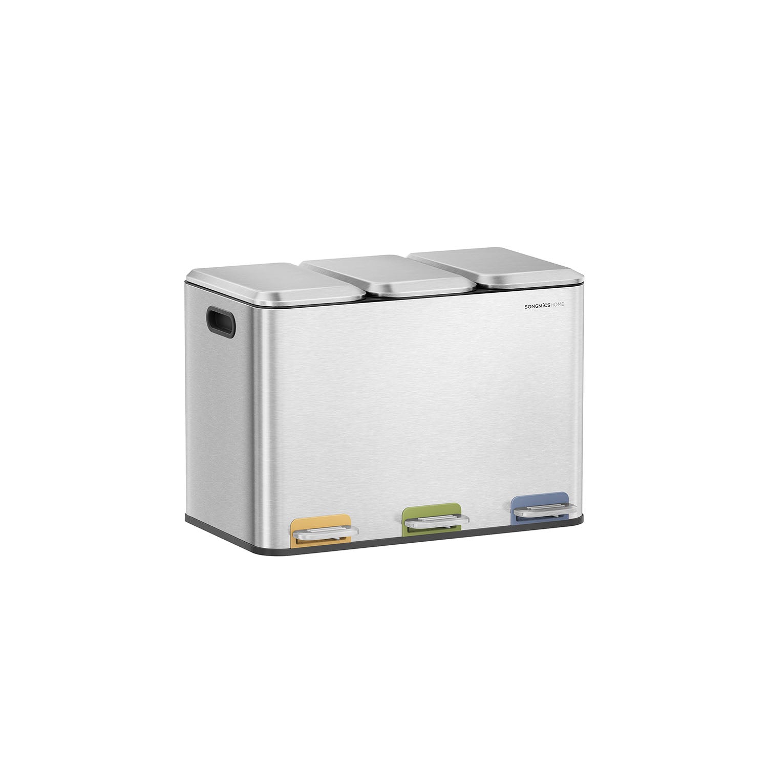 Triple Kitchen Bin - Steel - Metallic Silver - Colour-Coded Pedals for Waste Separation
