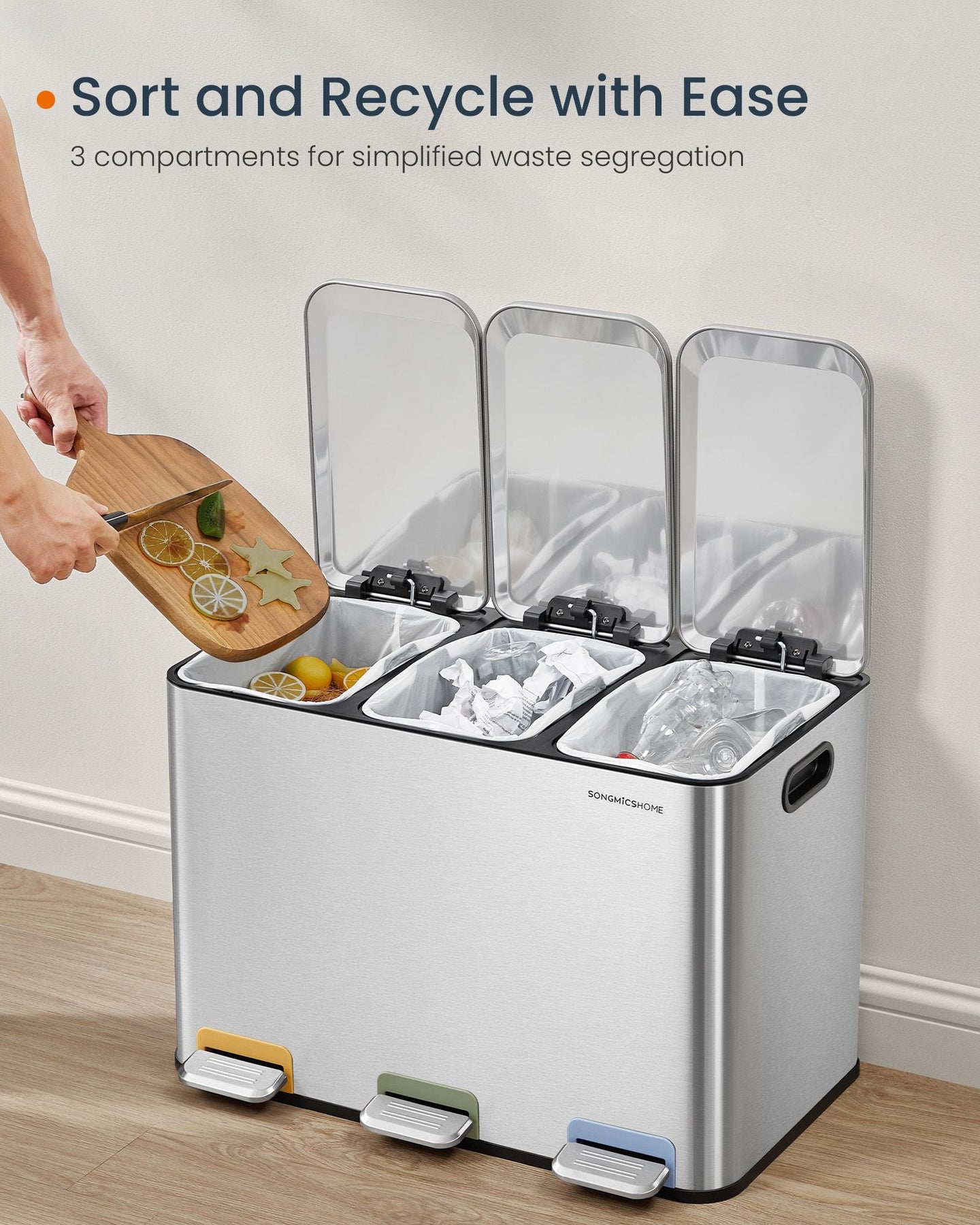 Triple Kitchen Bin - Steel - Metallic Silver - Colour-Coded Pedals for Waste Separation