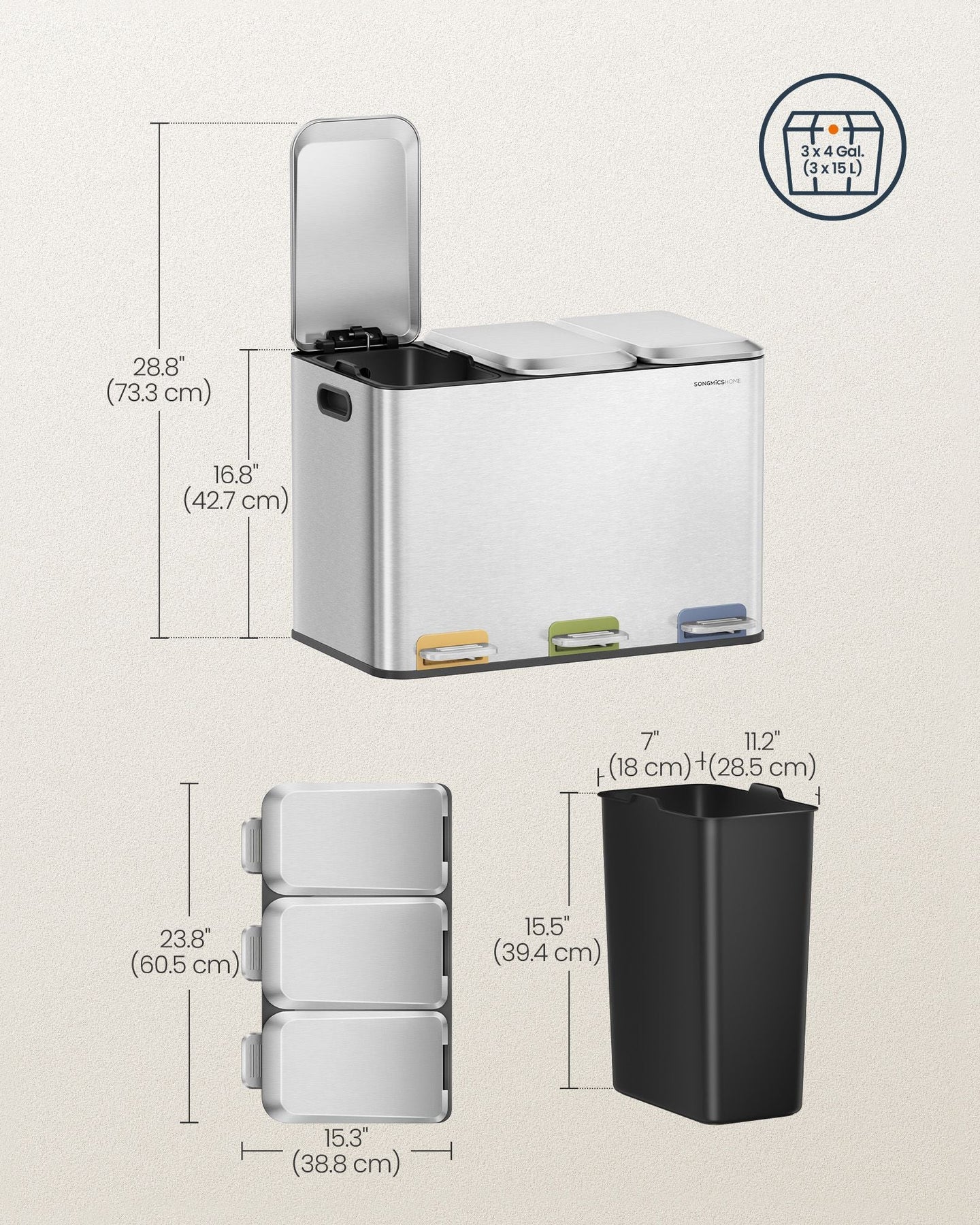 Triple Kitchen Bin - Steel - Cloud White - Colour-Coded Pedals for Waste Separation