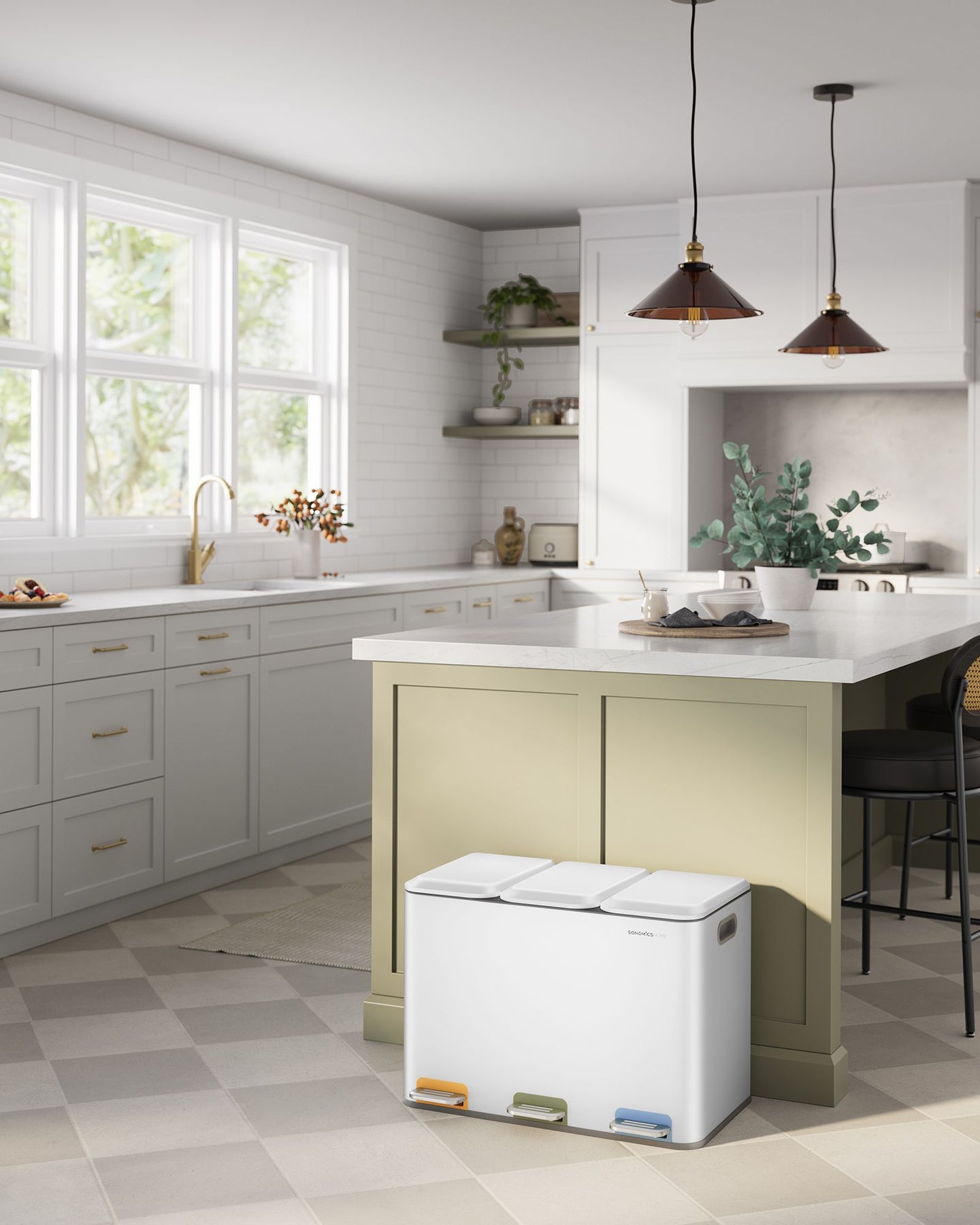 Triple Kitchen Bin - Steel - Cloud White - Colour-Coded Pedals for Waste Separation