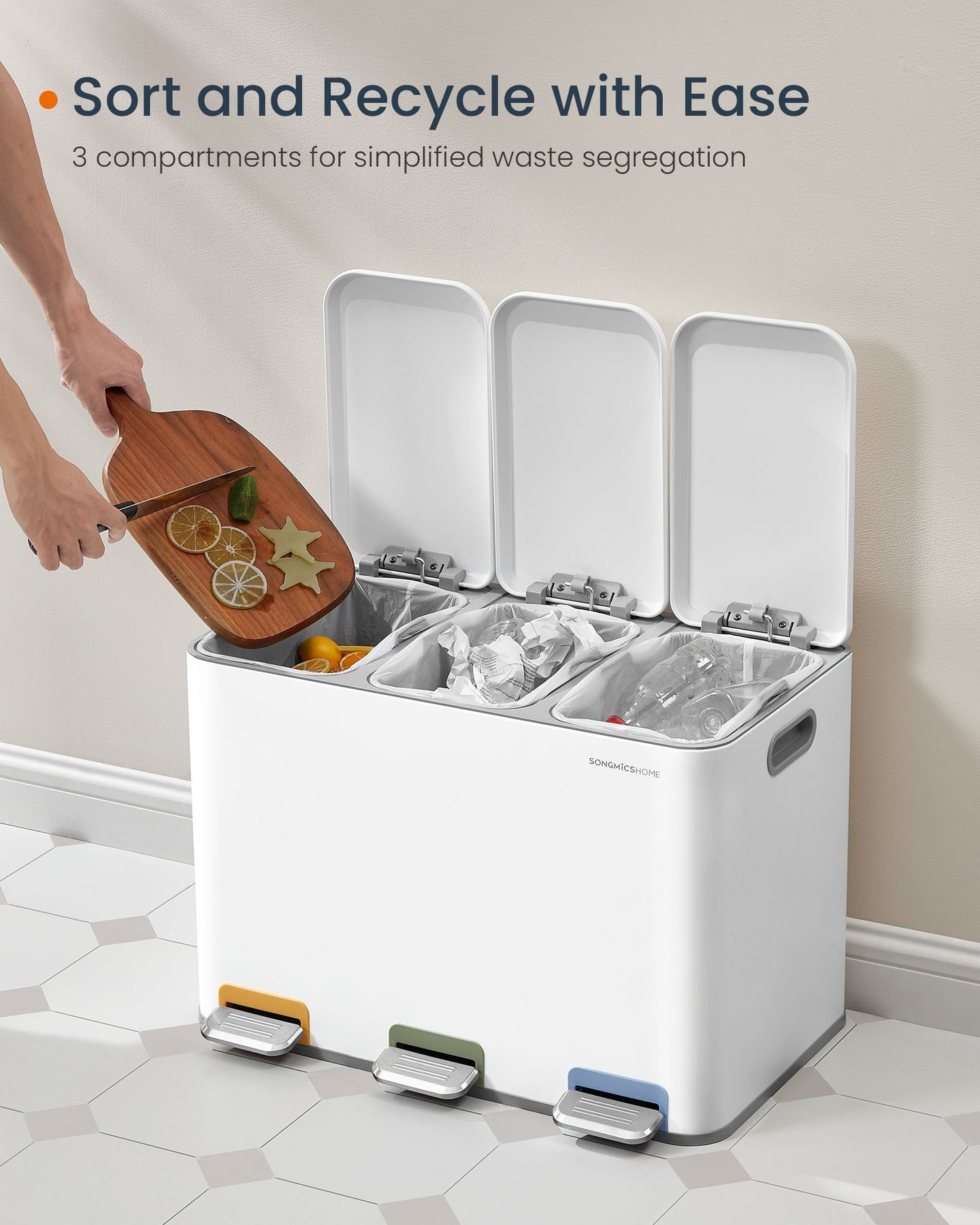 Triple Kitchen Bin - Steel - Cloud White - Colour-Coded Pedals for Waste Separation