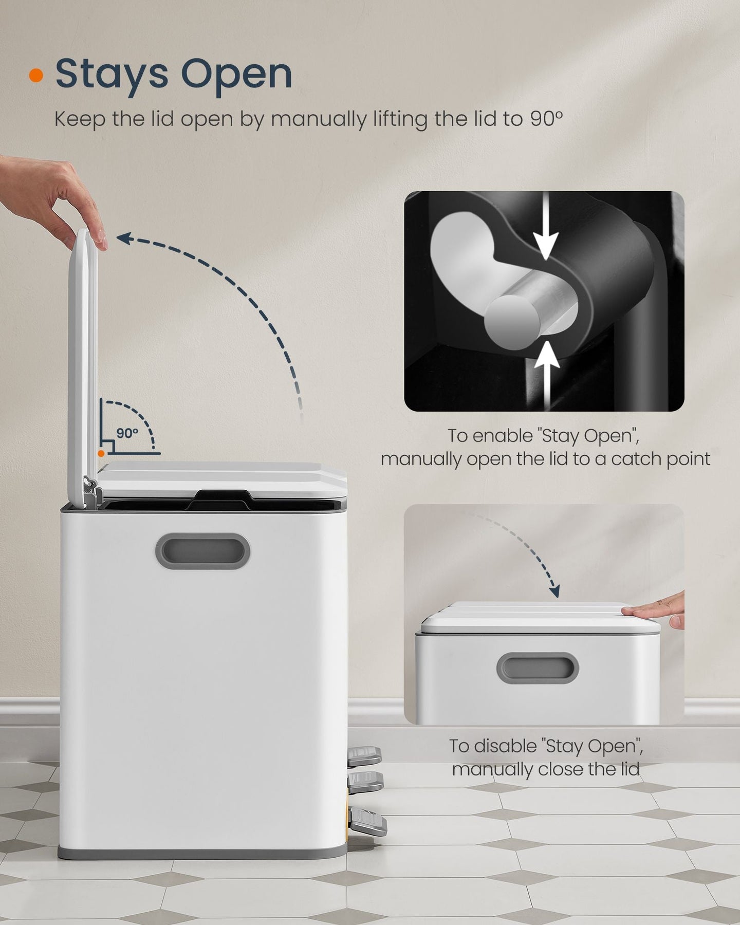 Triple Kitchen Bin - Steel - Cloud White - Colour-Coded Pedals for Waste Separation