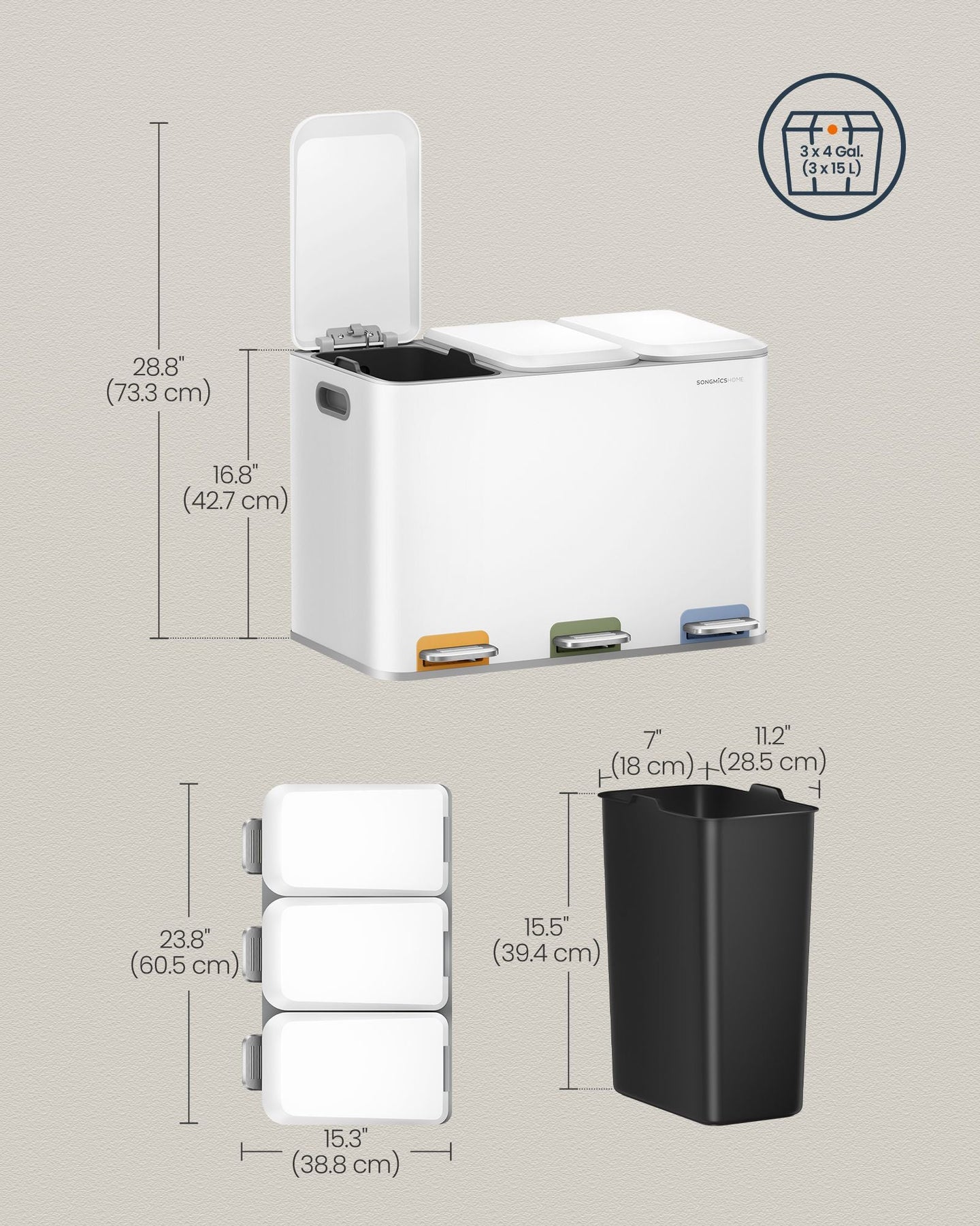 Triple Kitchen Bin - Steel - Cloud White - Colour-Coded Pedals for Waste Separation