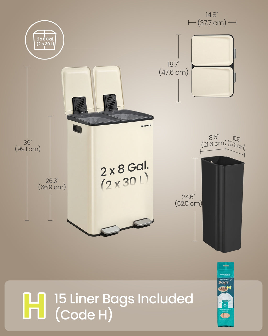 Kitchen Bin Dual-Compartment Pedal Soft-Close Lid - Steel