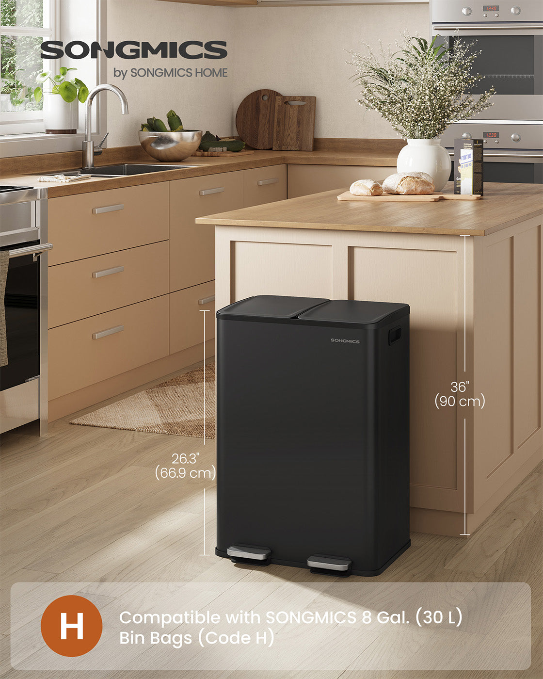 Dual Compartment Pedal Bin - Steel - Ink Black - Soft-Close Lid with Inner Buckets