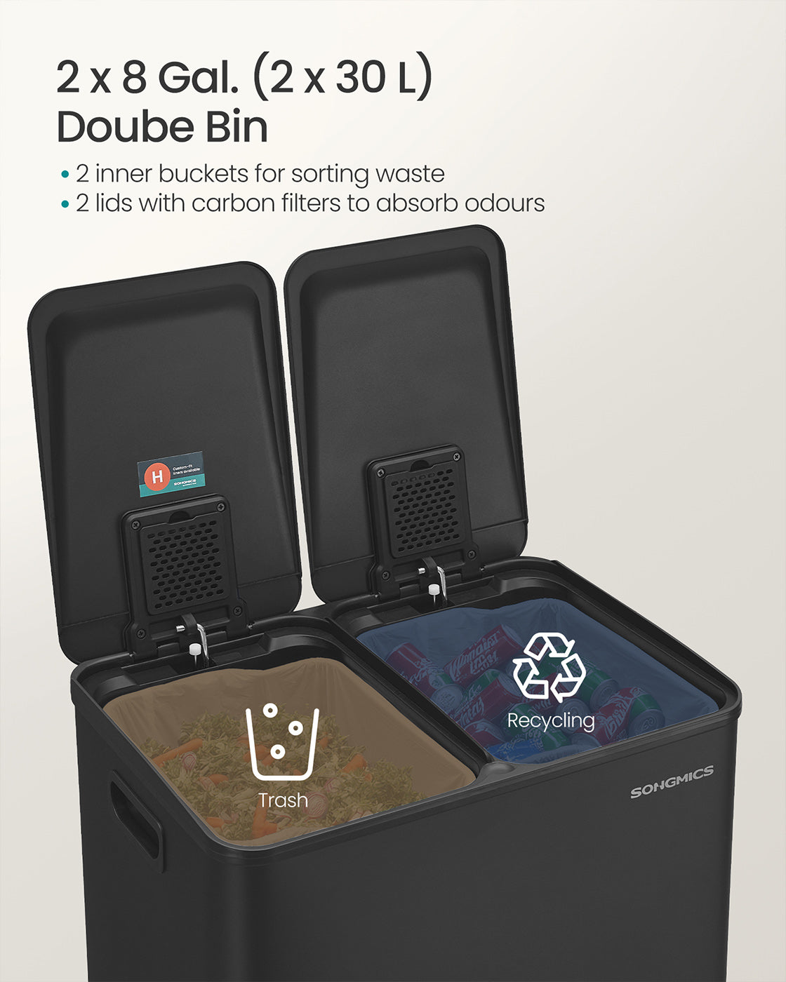 Dual Compartment Pedal Bin - Steel - Ink Black - Soft-Close Lid with Inner Buckets