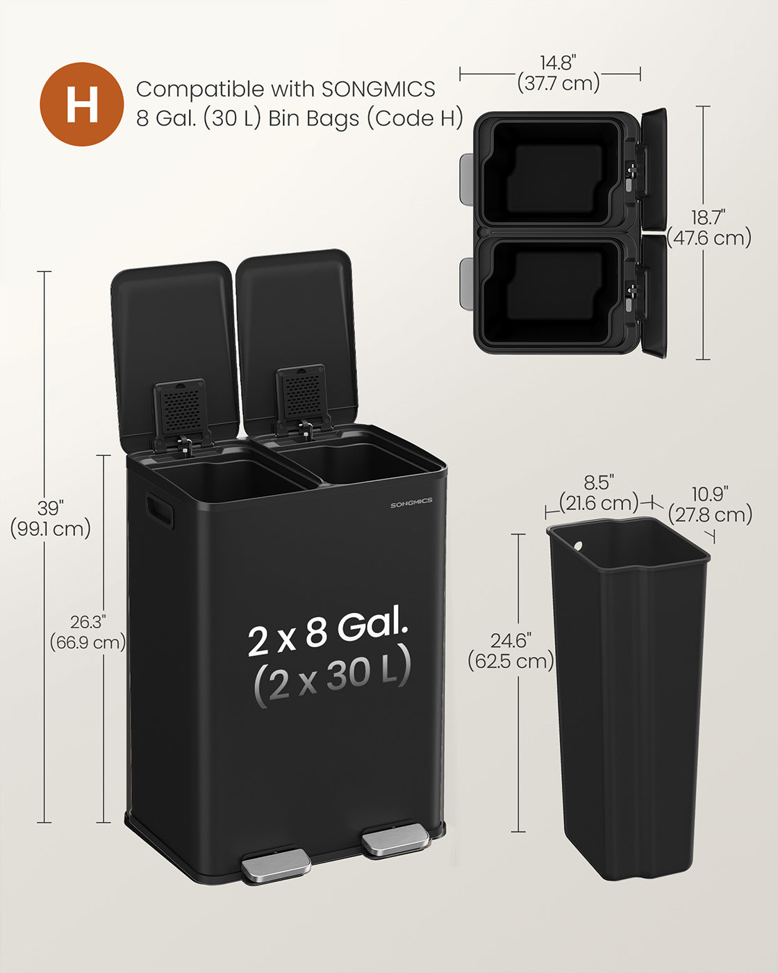 Dual Compartment Pedal Bin - Steel - Ink Black - Soft-Close Lid with Inner Buckets