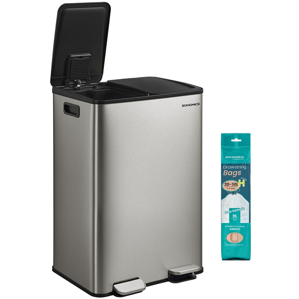 Kitchen Bin Dual-Compartment Pedal Soft-Close Lid - Steel - Silver