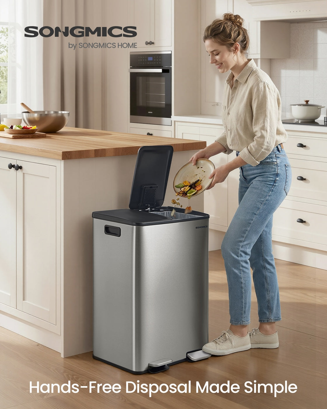 Kitchen Bin Dual-Compartment Pedal Soft-Close Lid - Steel - Silver