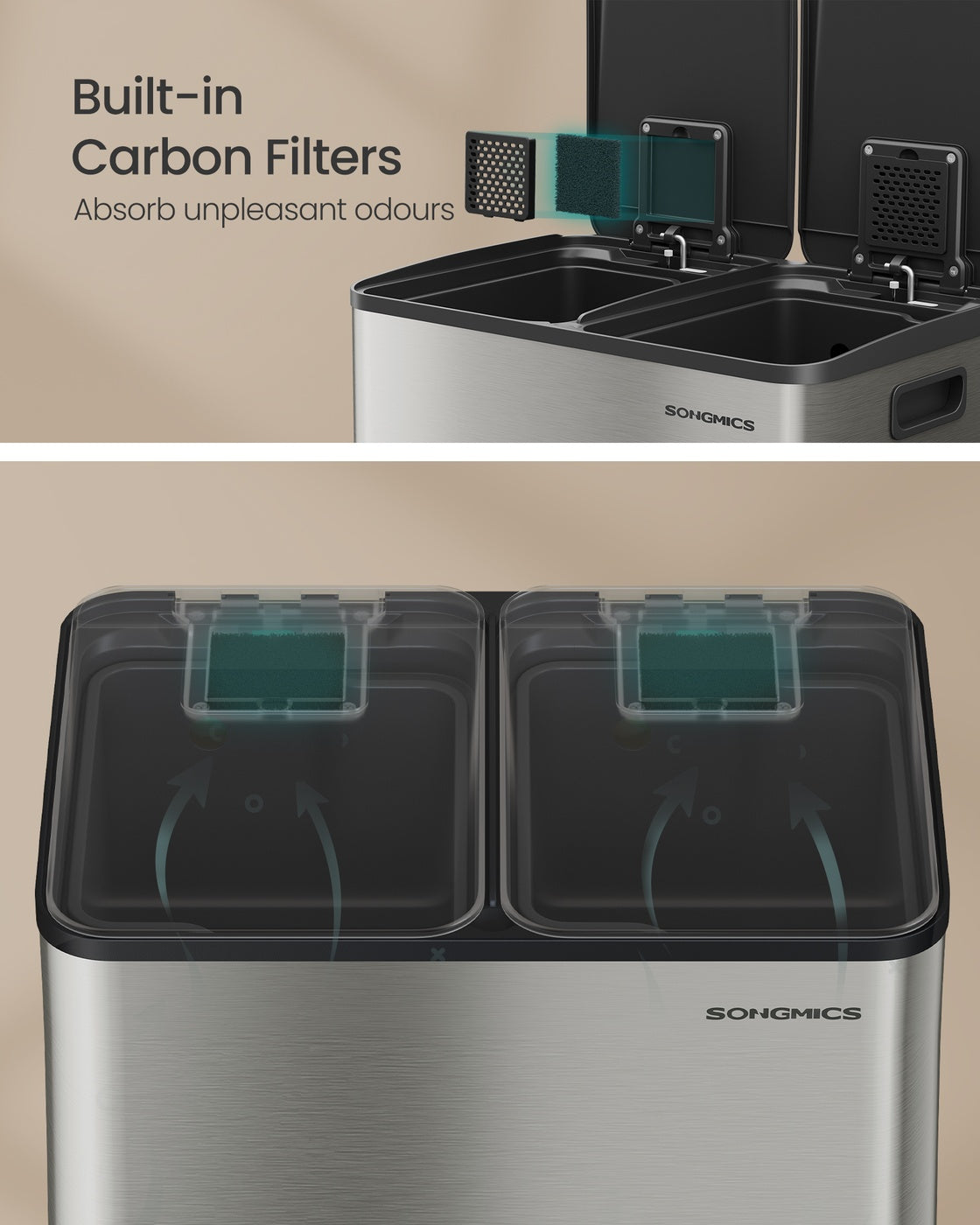 Kitchen Bin Dual-Compartment Pedal Soft-Close Lid - Steel - Silver