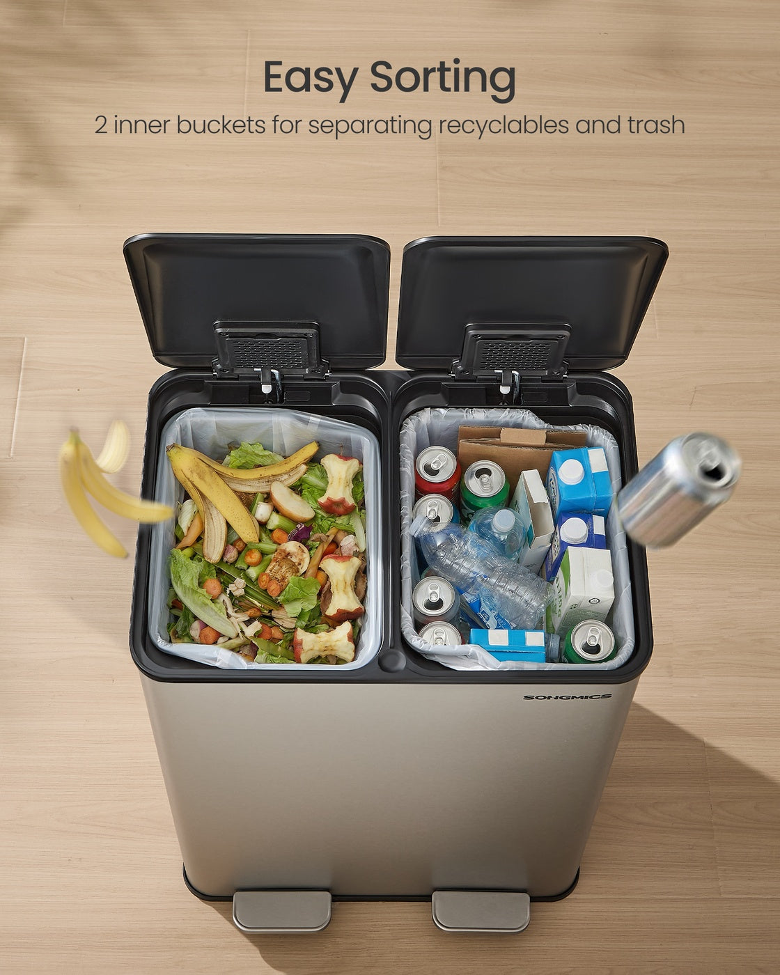 Kitchen Bin Dual-Compartment Pedal Soft-Close Lid - Steel - Silver