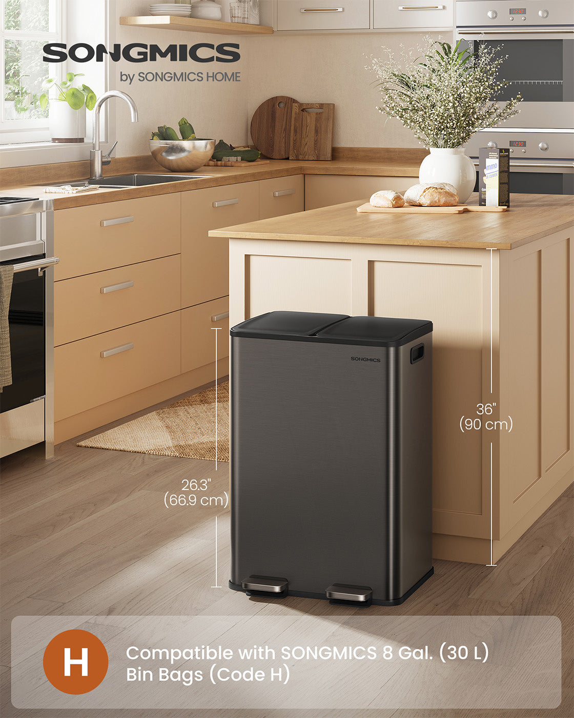 Dual Compartment Pedal Bin - Steel - Ink Black - Soft-Close Lid with Inner Buckets