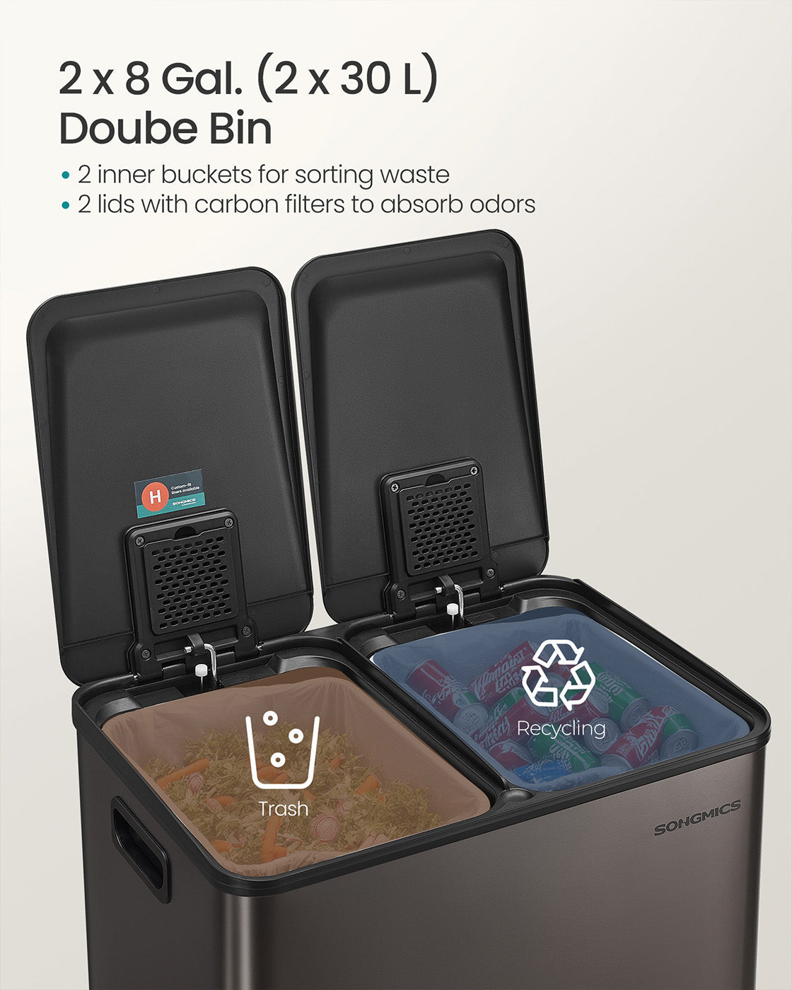 Dual Compartment Pedal Bin - Steel - Ink Black - Soft-Close Lid with Inner Buckets