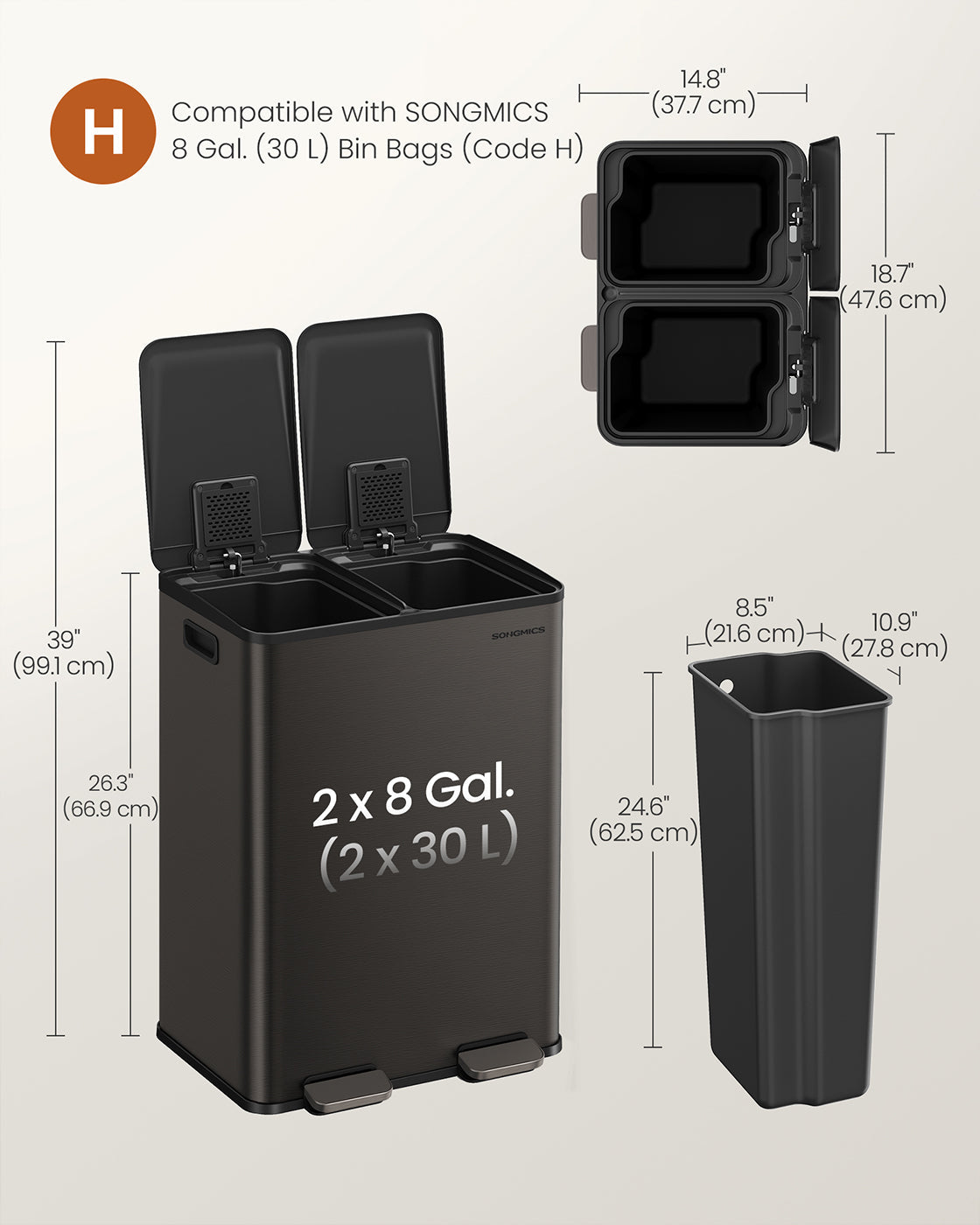 Dual Compartment Pedal Bin - Steel - Ink Black - Soft-Close Lid with Inner Buckets