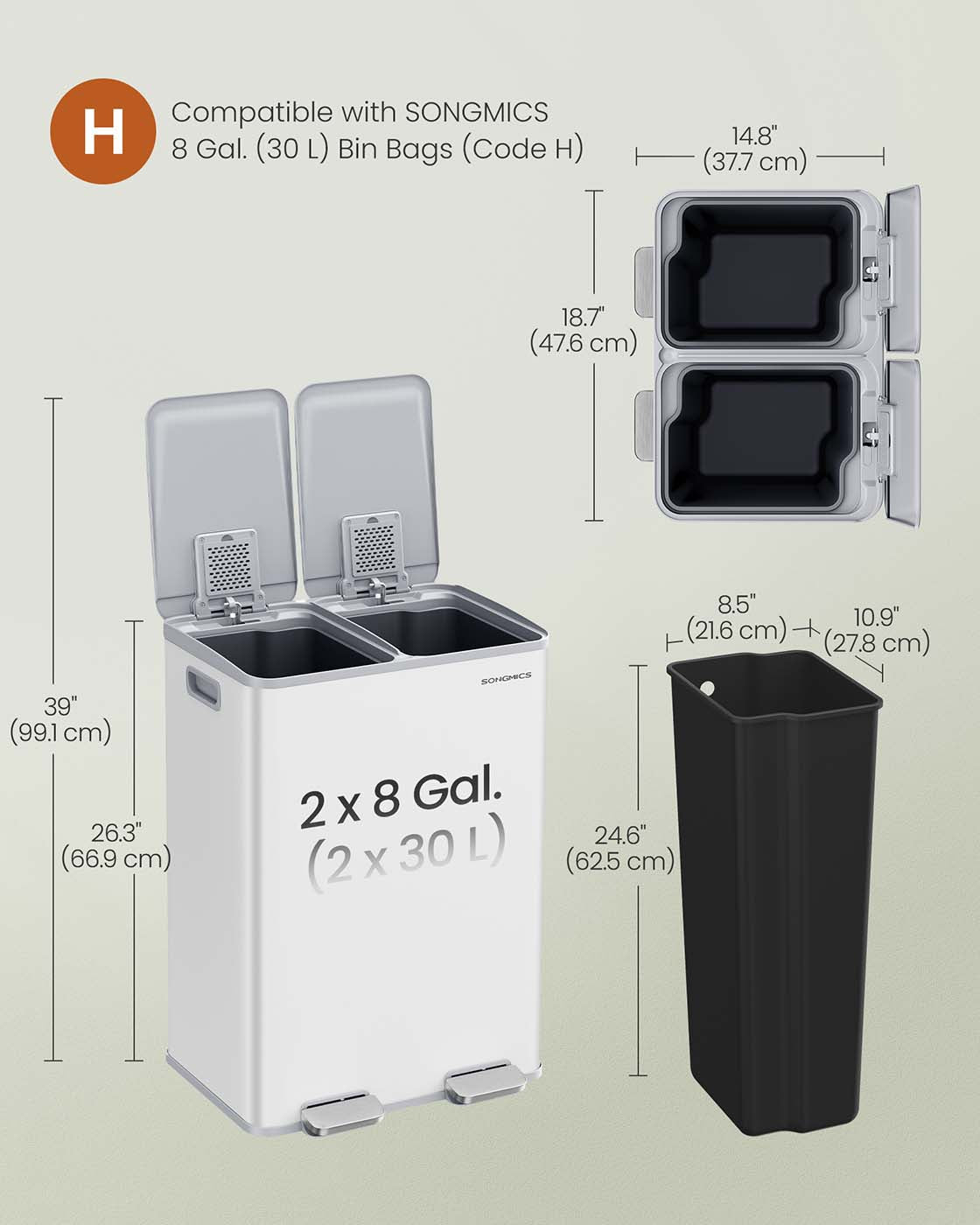 Dual Compartment Pedal Bin - Steel - Ink Black - Soft-Close Lid with Inner Buckets