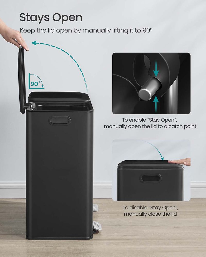 Double Kitchen Bin - Stainless Steel - Metallic Silver - Soft-Close Lids with Removable Inner Buckets