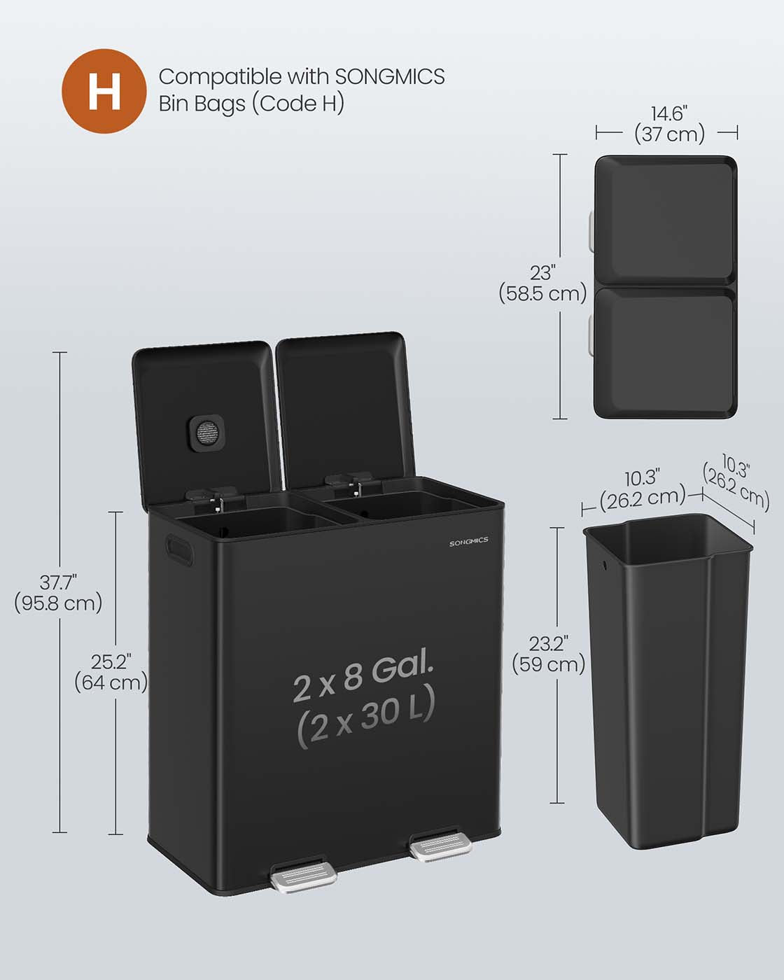 Double Kitchen Bin - Stainless Steel - Metallic Silver - Soft-Close Lids with Removable Inner Buckets
